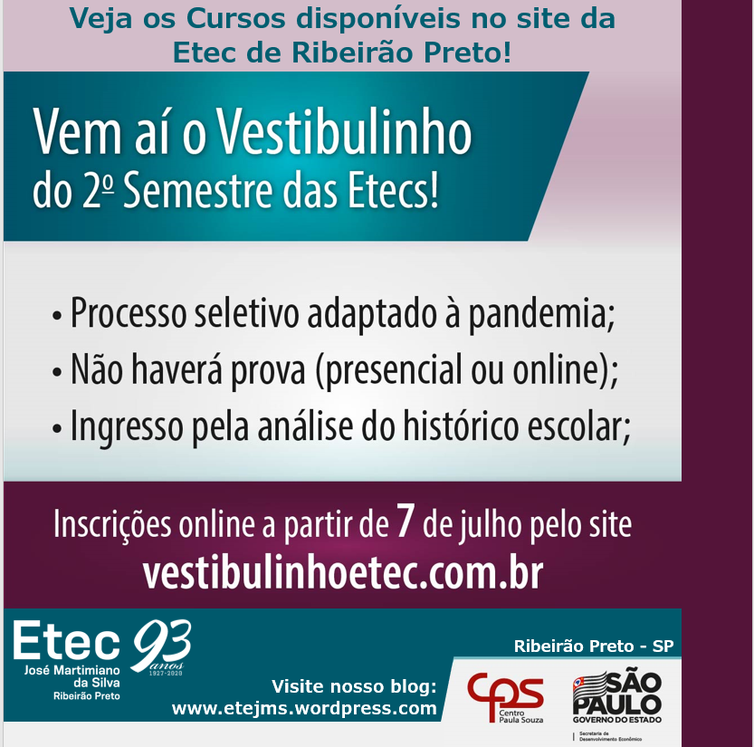 Inscrições para Vestibulinho das Etecs começam nesta terça feira 07